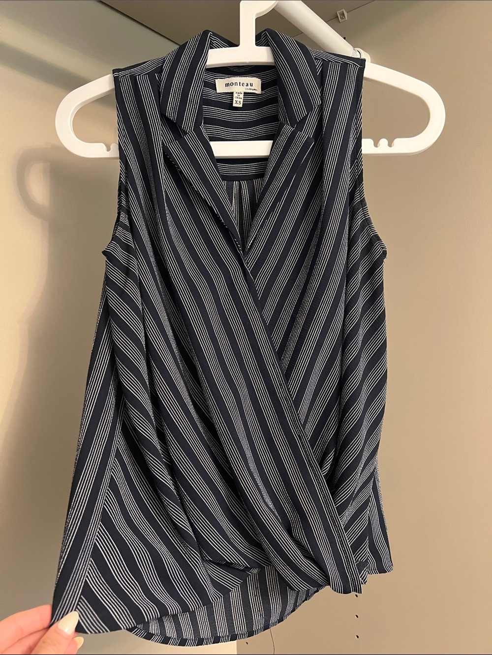 Monteau • Women’s XS • Navy & White • Striped Sleeveless Wrap-Front Blouse